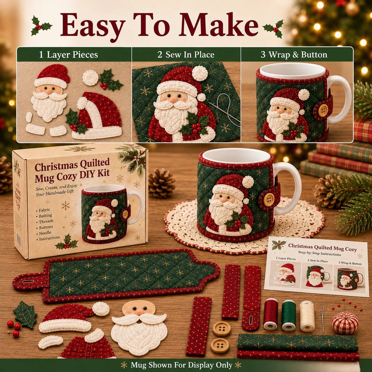 Christmas Mug Cozy Sewing Kit – 6 Festive Appliqué Designs