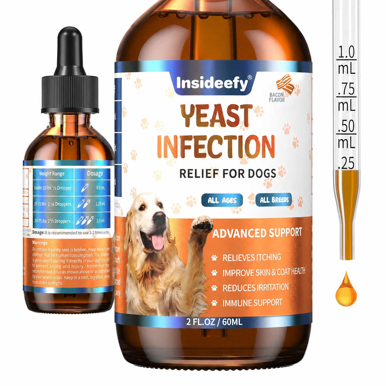 Insideefy® Dog Ear & Skin Relief Drops, Yeast Infection Treatment for Dogs – Bacon Flavor 60ml